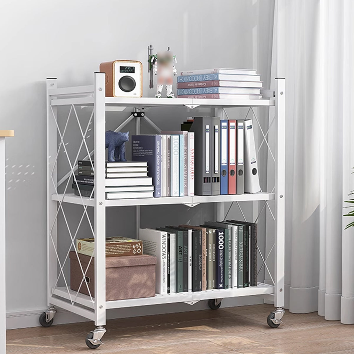 Metal Foldable Multi Layer Storage Rack with Rotating Wheels