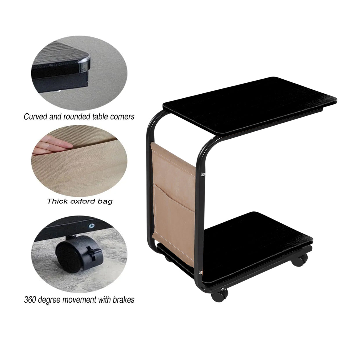 Movable Side Table with Wheels for Sofa Bedroom Living Room