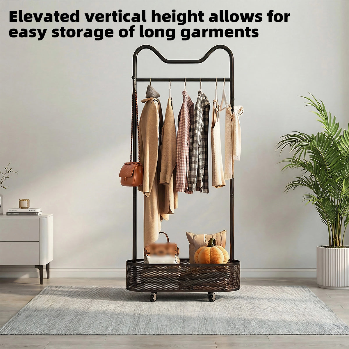 Moveable Clothes Rack with Wheels Basket and Hooks