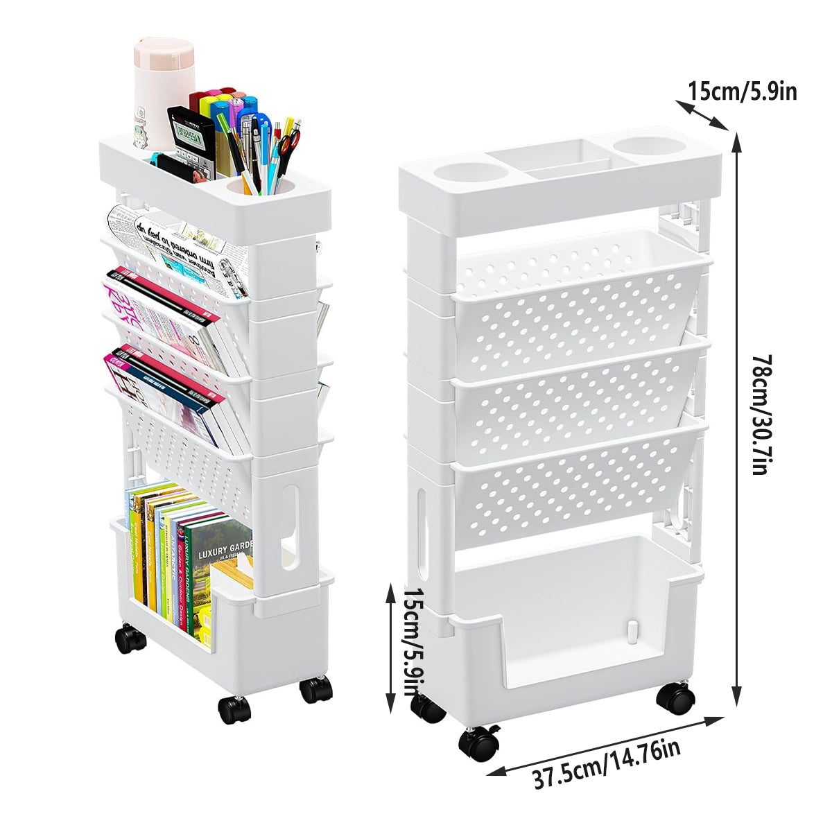5 Tier Rolling Bookshelf Rack Movable Storage Organizer