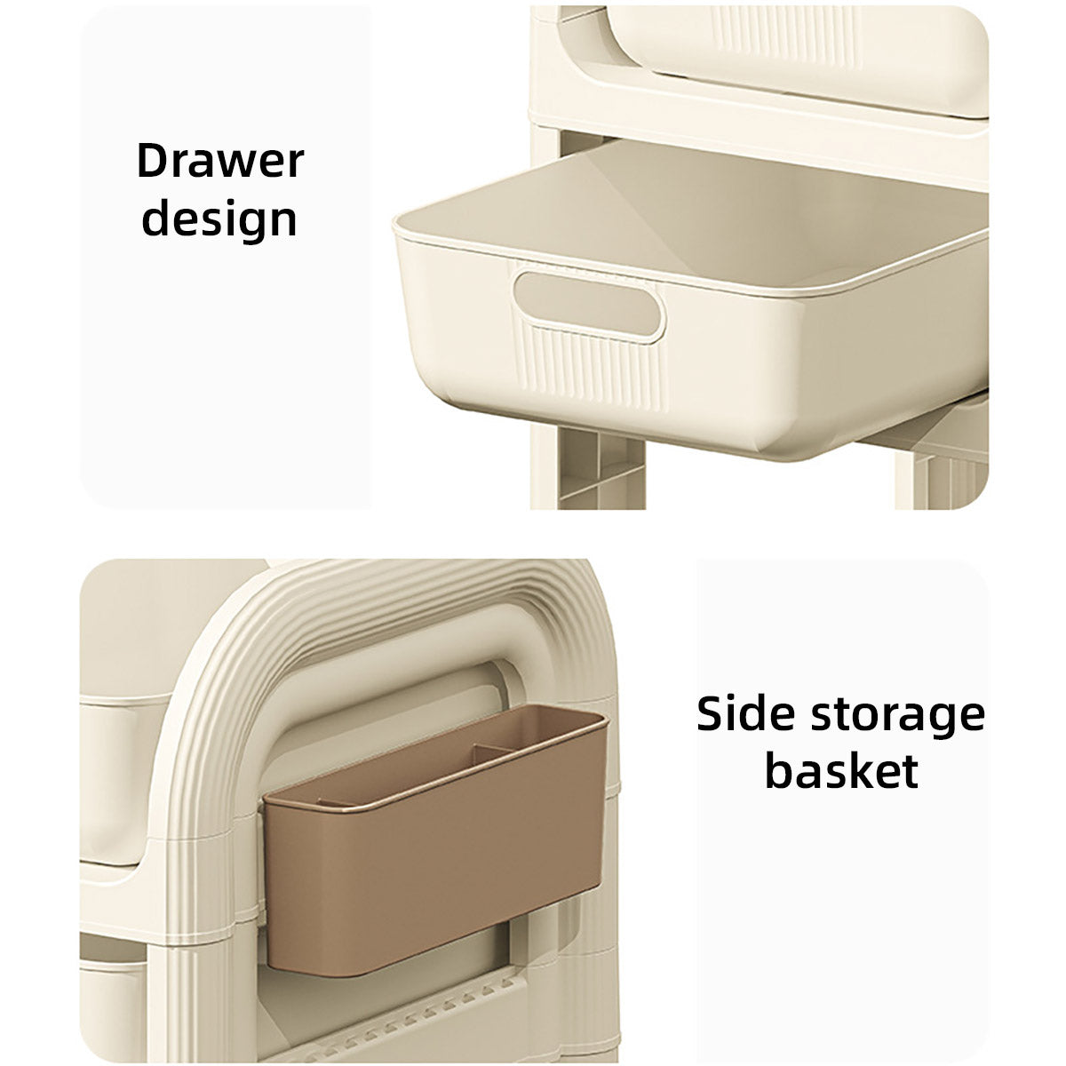 3-Tier Rolling Storage Trolley with Drawers, Side Basket & Hooks