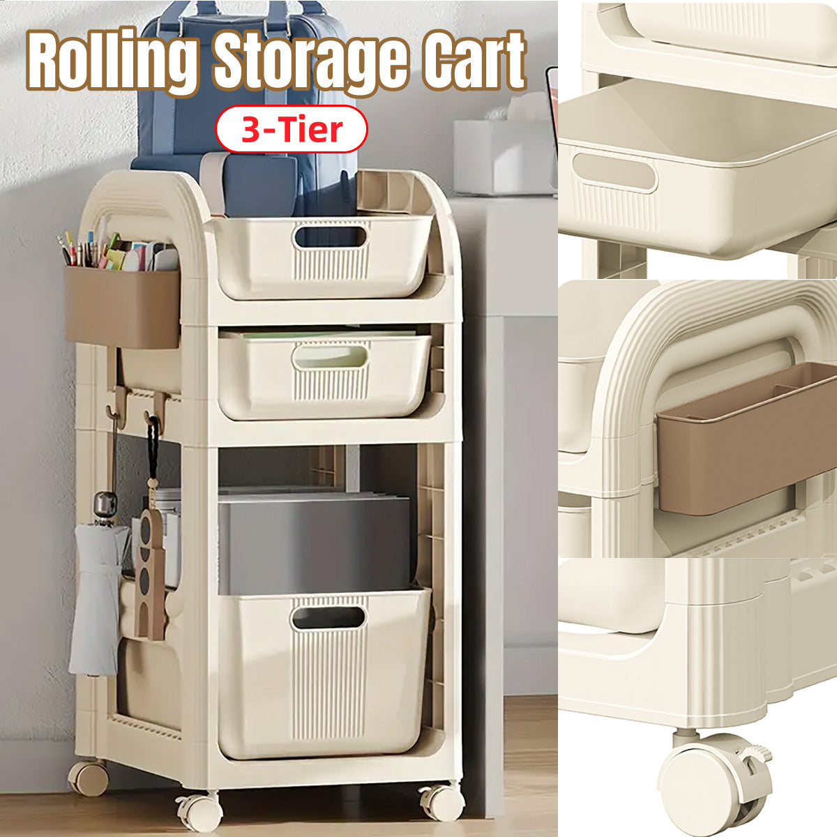 3-Tier Rolling Storage Trolley with Drawers, Side Basket & Hooks