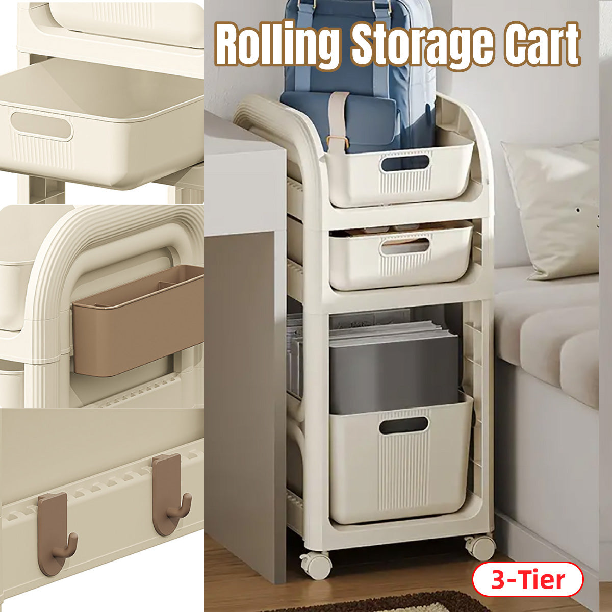 3-Tier Rolling Storage Trolley with Drawers, Side Basket & Hooks