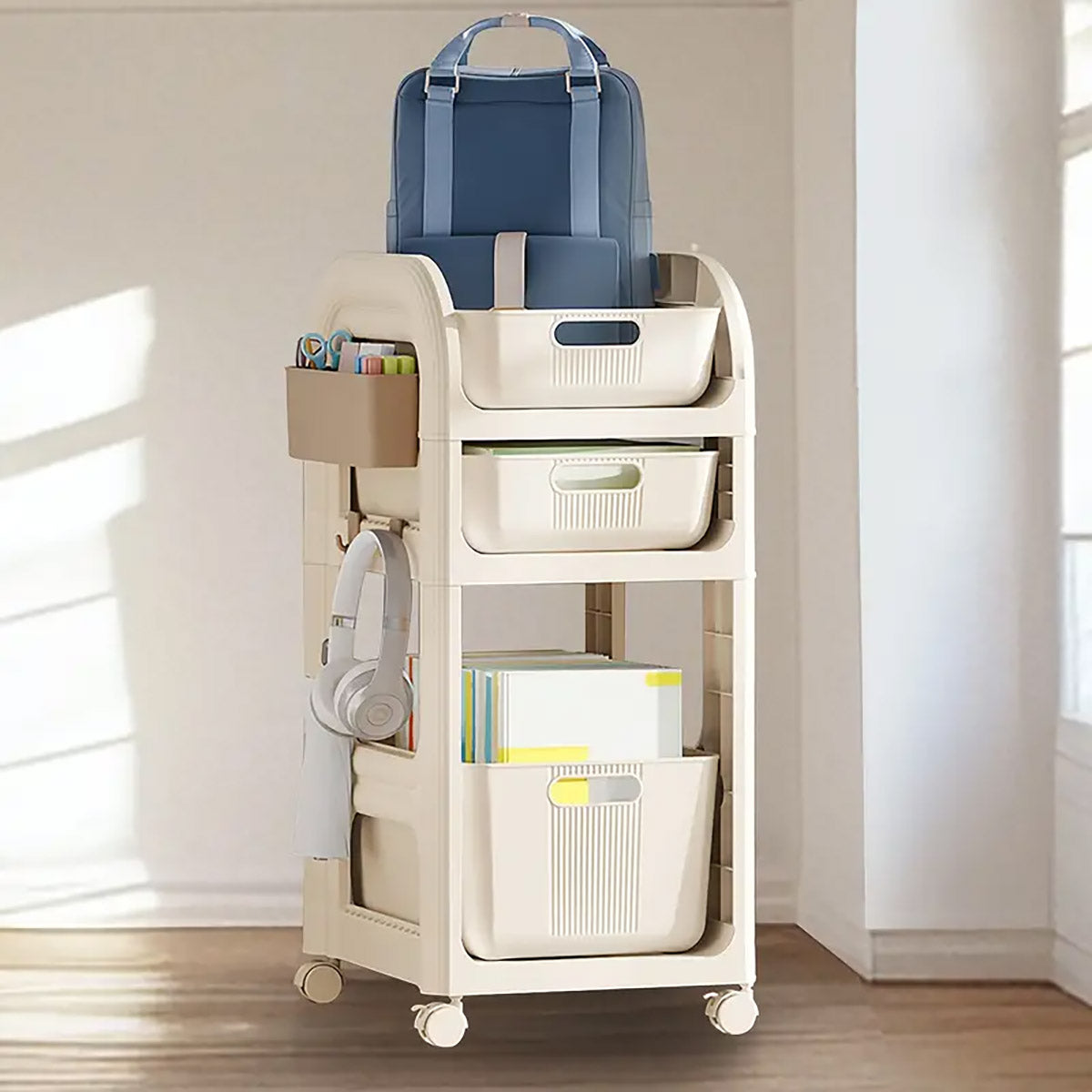 3-Tier Rolling Storage Trolley with Drawers, Side Basket & Hooks
