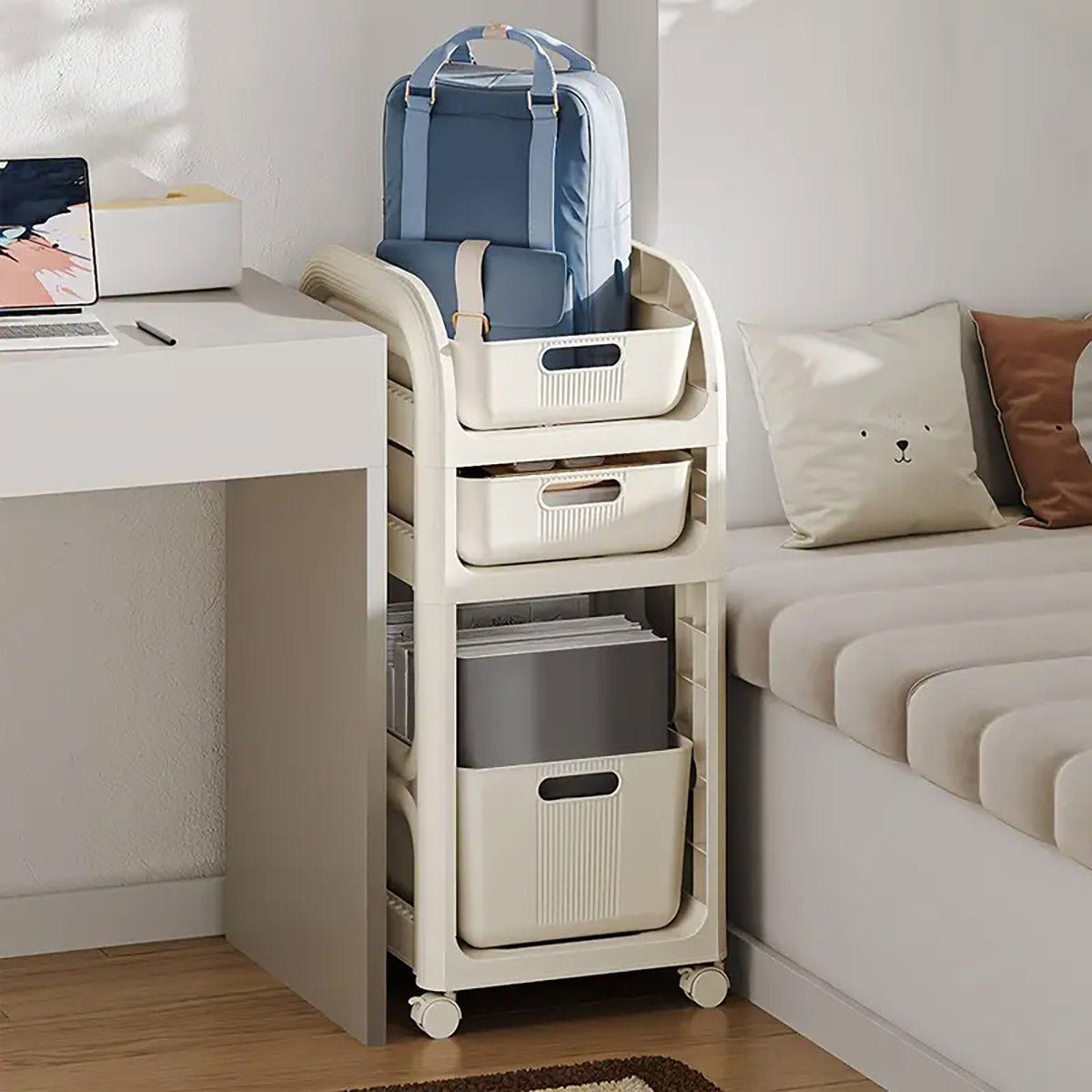 3-Tier Rolling Storage Trolley with Drawers, Side Basket & Hooks