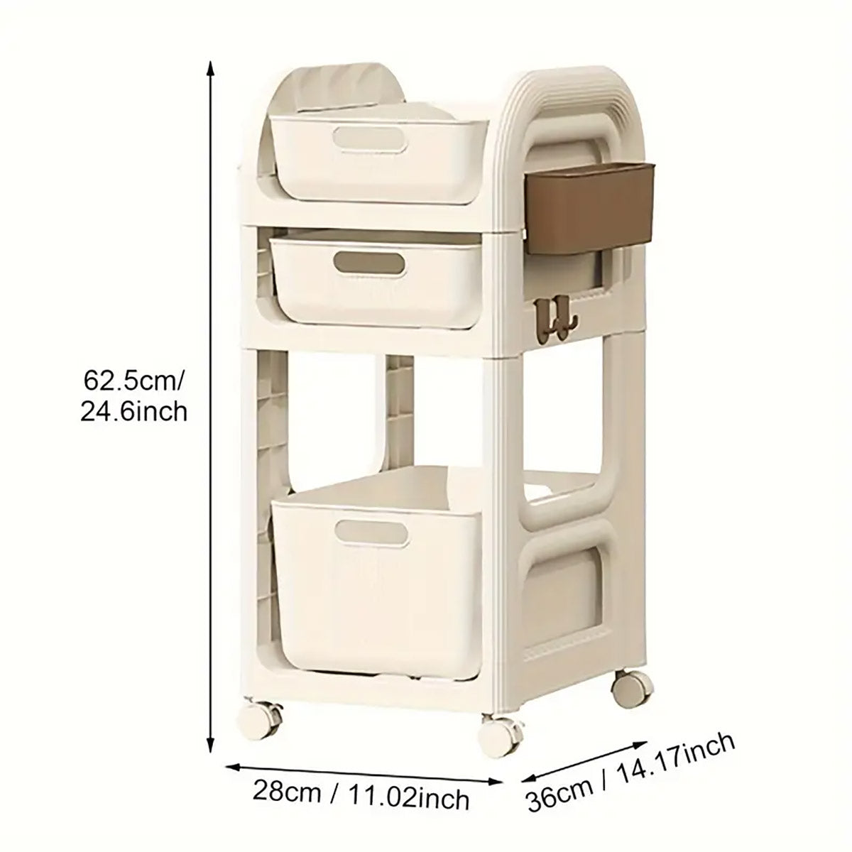 3-Tier Rolling Storage Trolley with Drawers, Side Basket & Hooks
