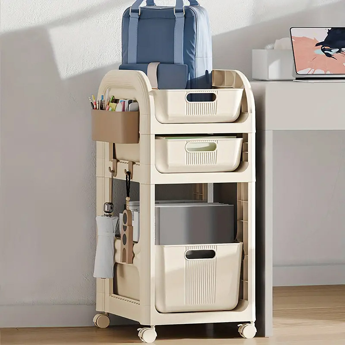 3-Tier Rolling Storage Trolley with Drawers, Side Basket & Hooks