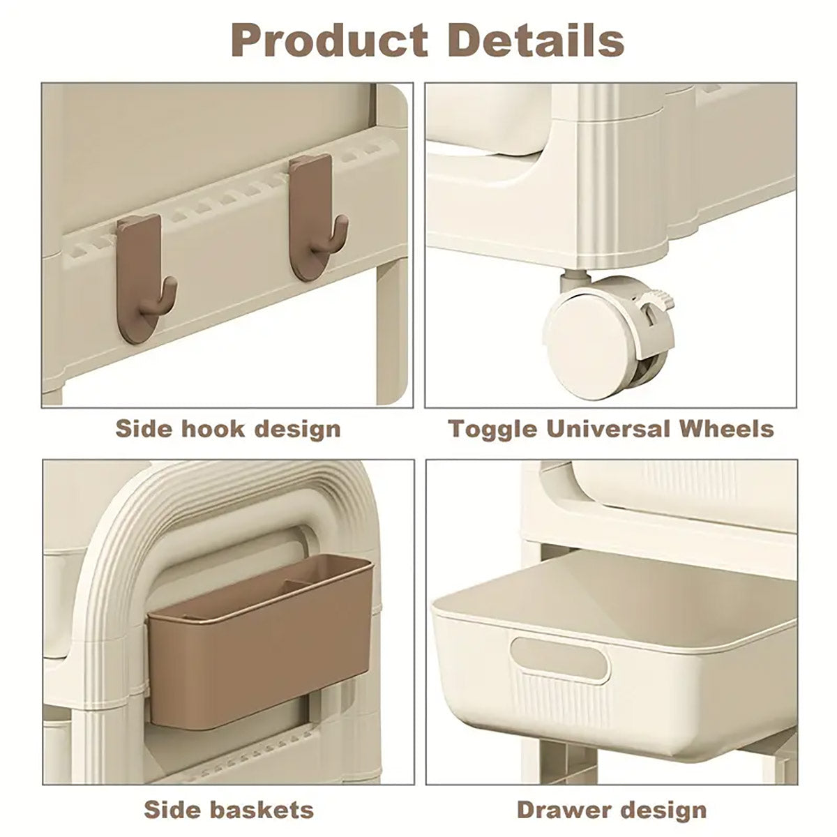3-Tier Rolling Storage Trolley with Drawers, Side Basket & Hooks