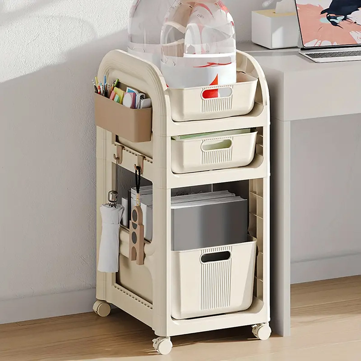 3-Tier Rolling Storage Trolley with Drawers, Side Basket & Hooks