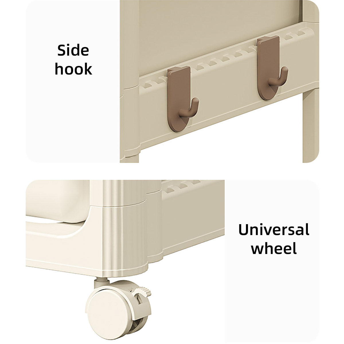 3-Tier Rolling Storage Trolley with Drawers, Side Basket & Hooks