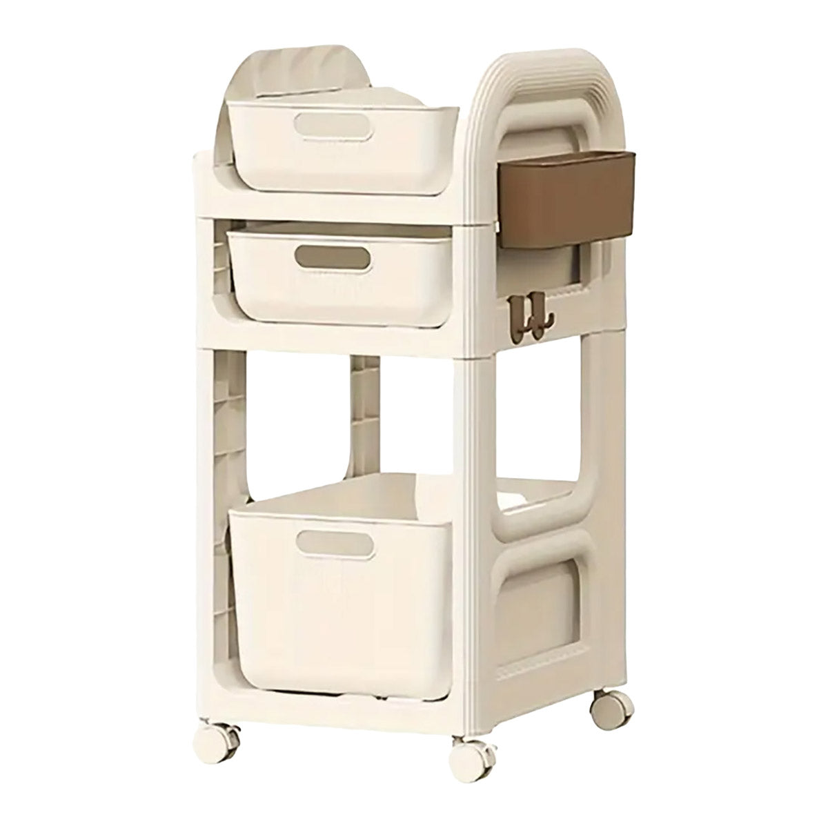 3-Tier Rolling Storage Trolley with Drawers, Side Basket & Hooks