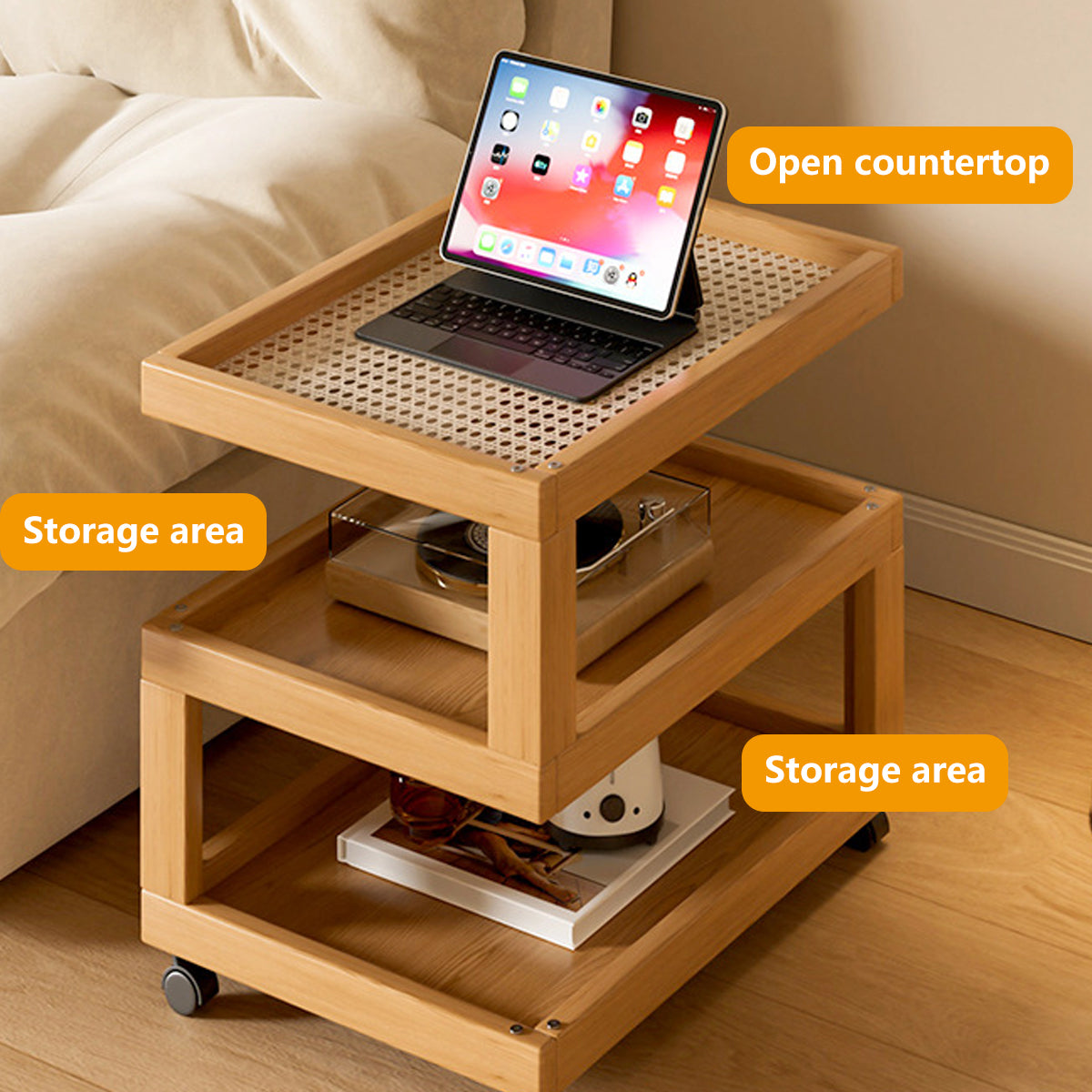 Movable Coffee Table with Universal Wheels Rattan Laminate Top