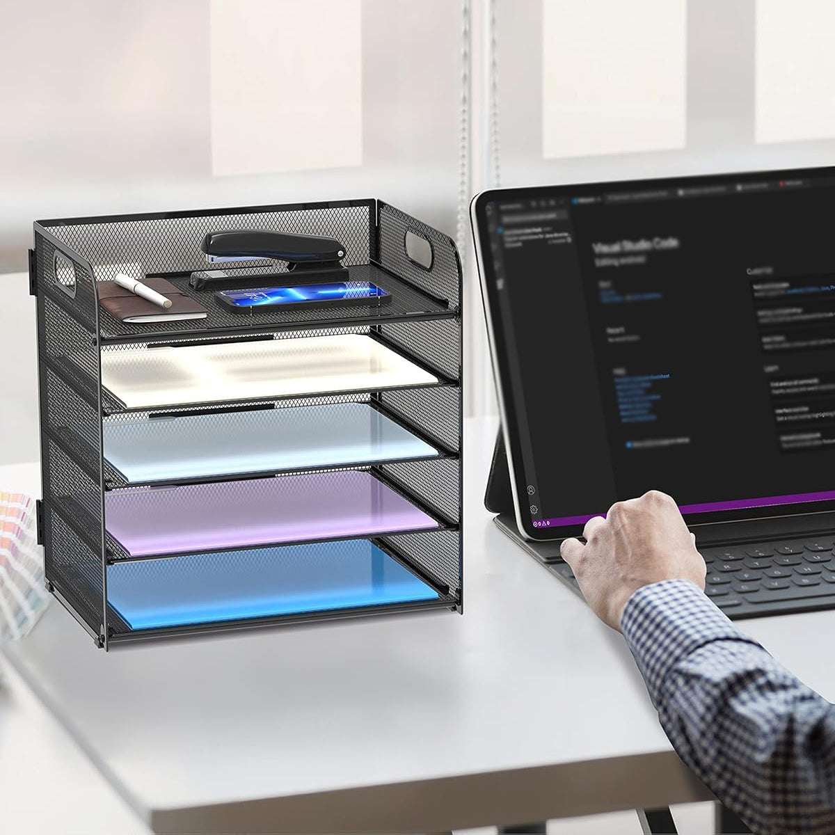 5-Tier Mesh Desk File Organizer with Handles Document Storage Rack