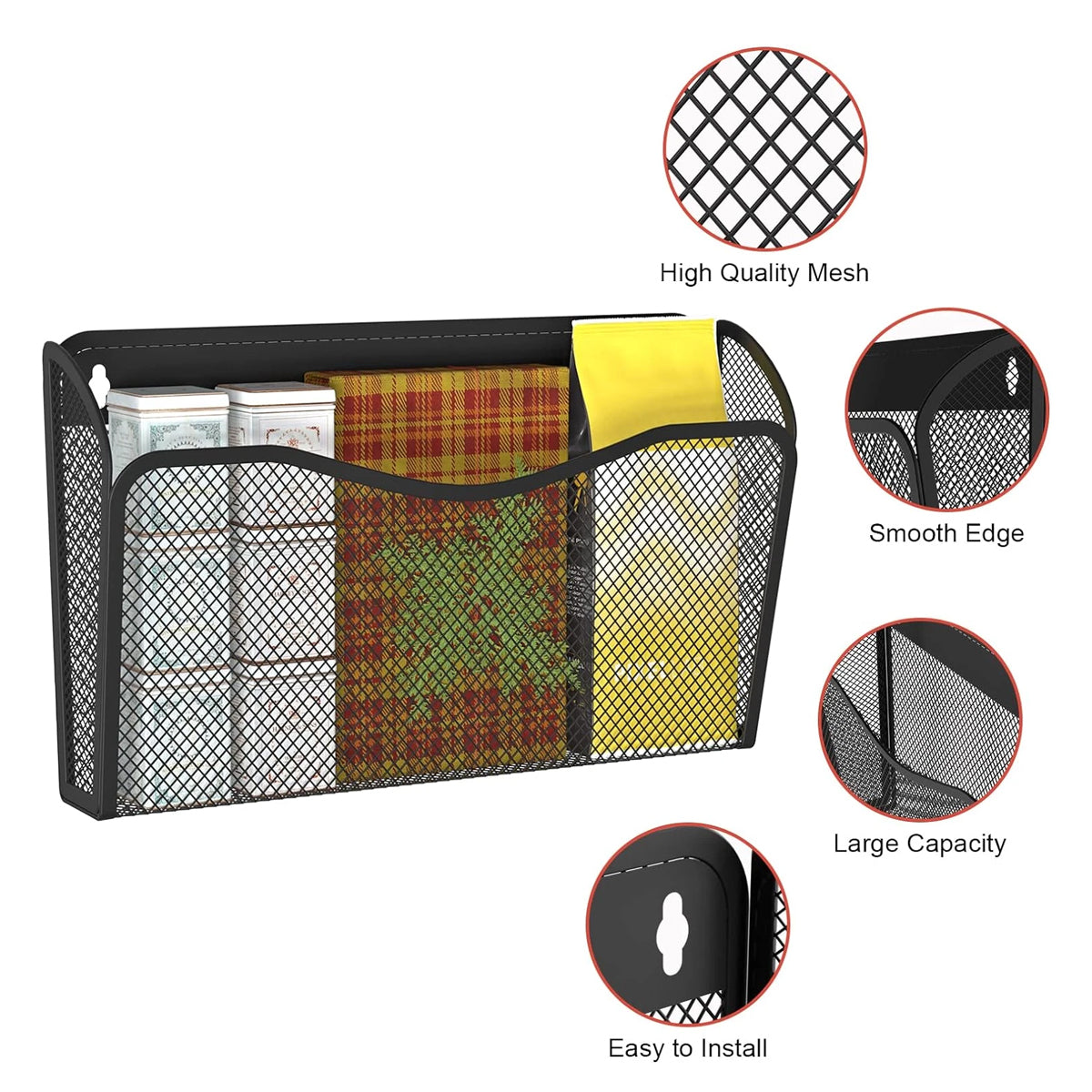 Wall Mounted Mesh File Organizer Rack Black Metal 35×10.5×22cm