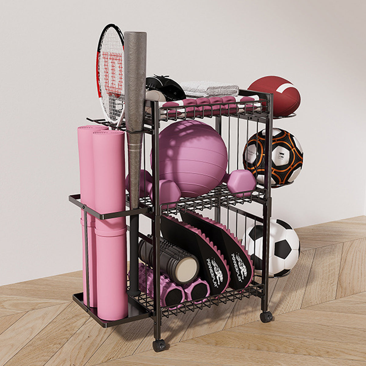 Sports Equipment Storage Rack on Wheels