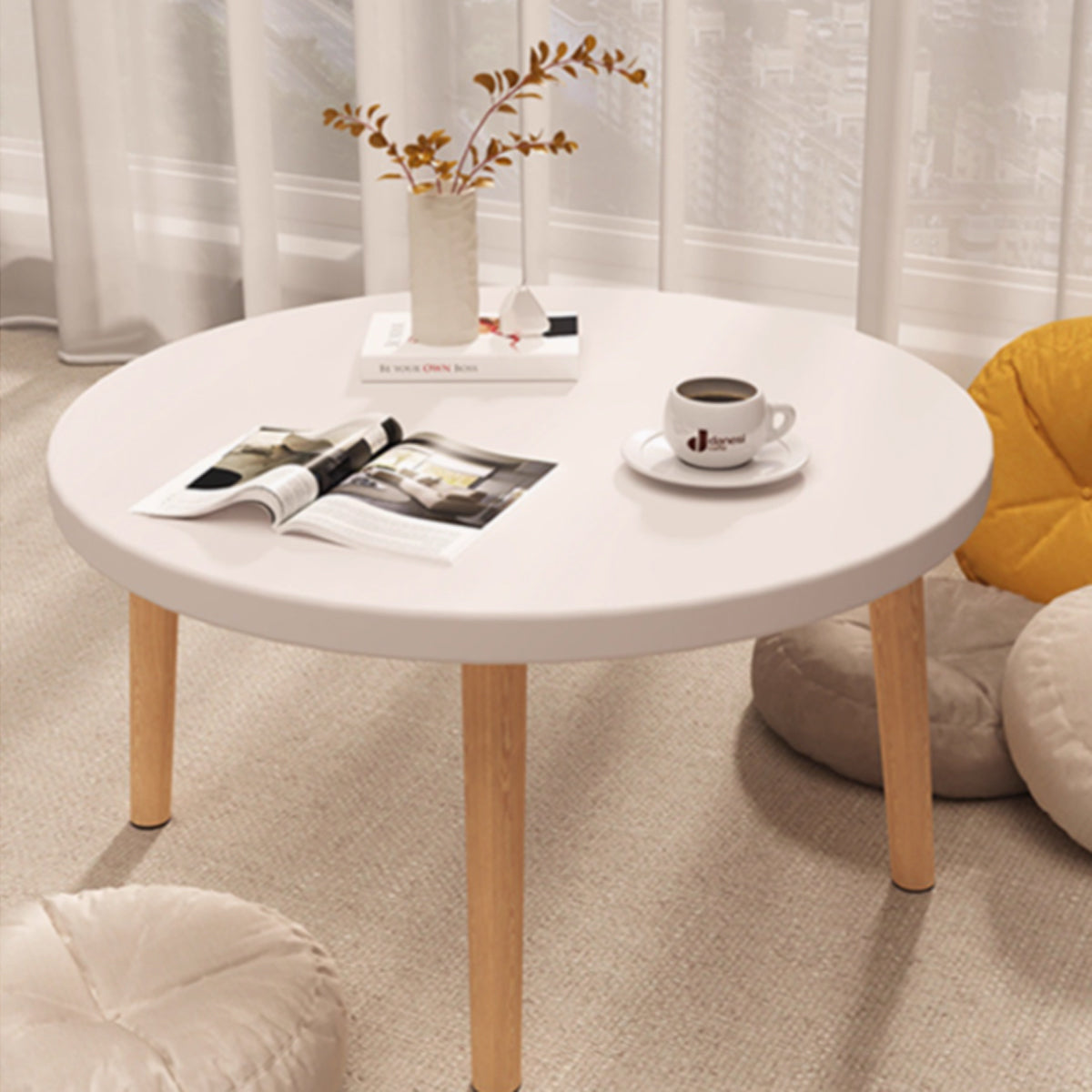 Round End Table with Solid Wood Legs and 1-Tier Design