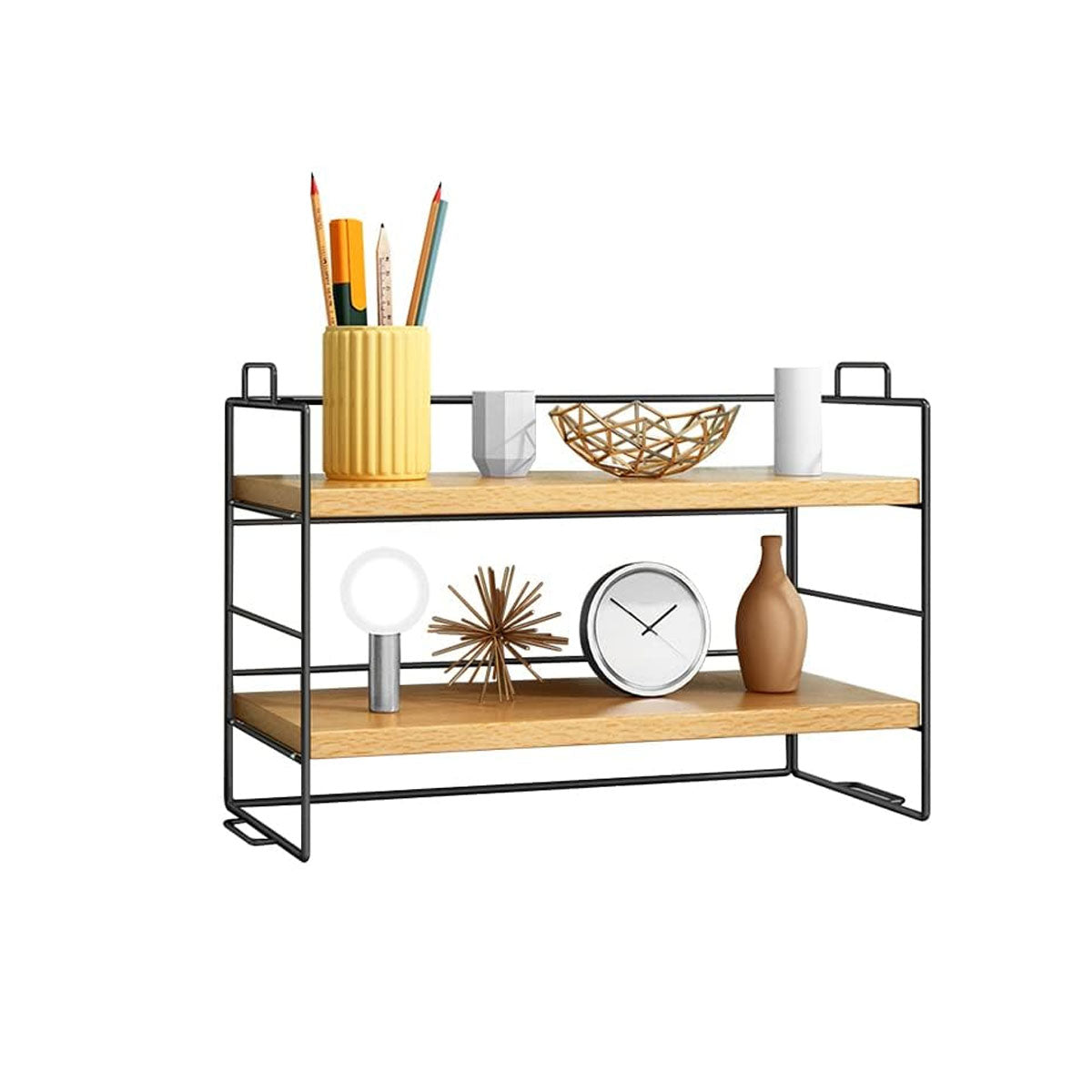 2-Tier Desktop Shelf Metal Frame and Wood Shelves