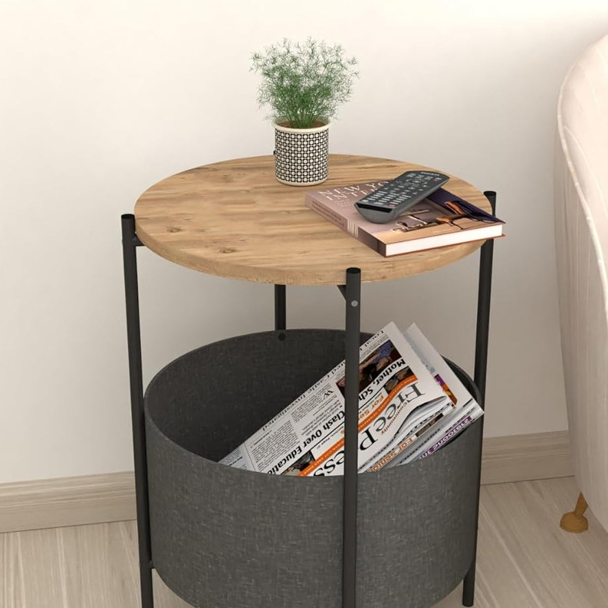 Round Side Table with Storage Basket for Breakroom and Living Room