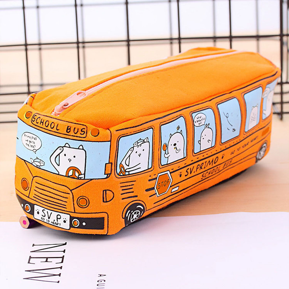 4 Pcs Cartoon Bus Pencil Case Large Capacity Washable Canvas