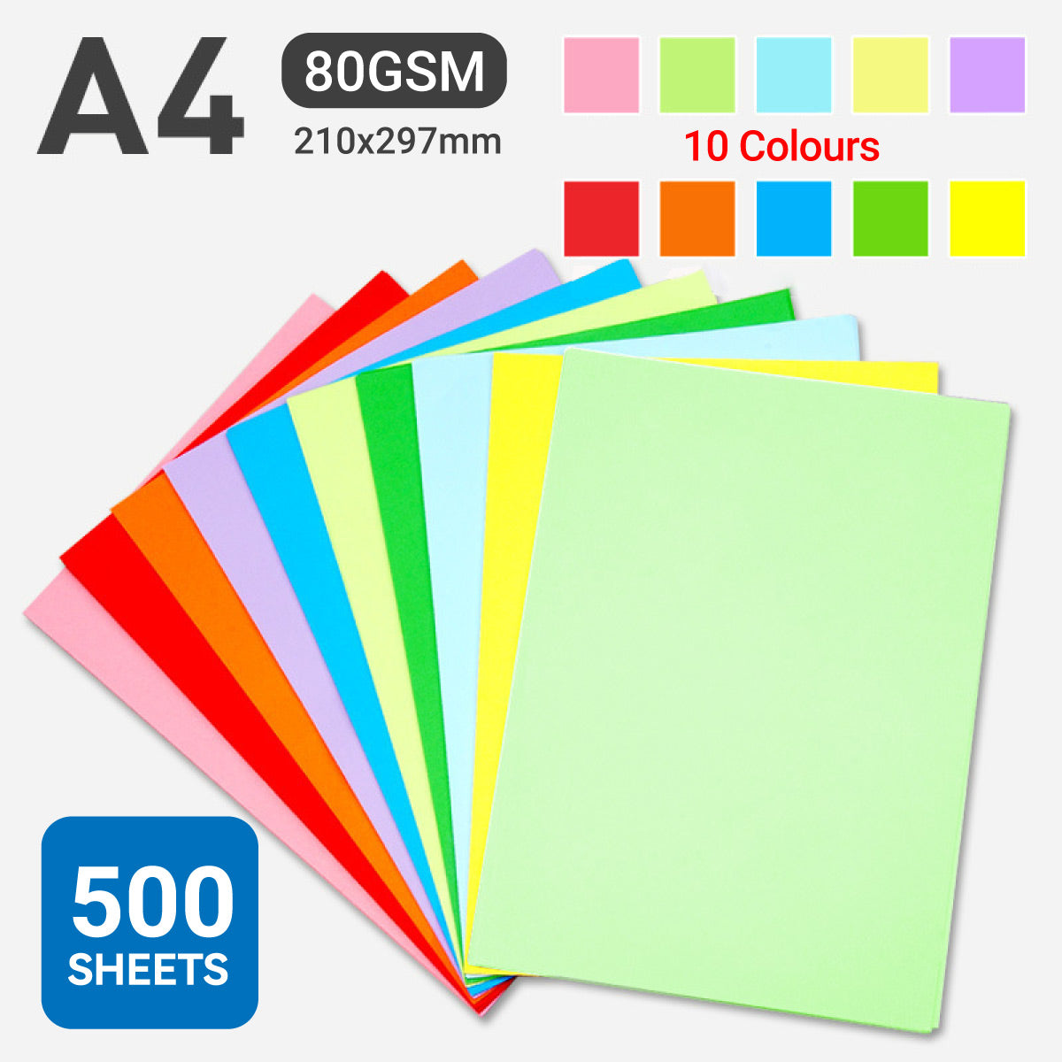 500 Sheets A4 Coloured Paper 80gsm for Crafts