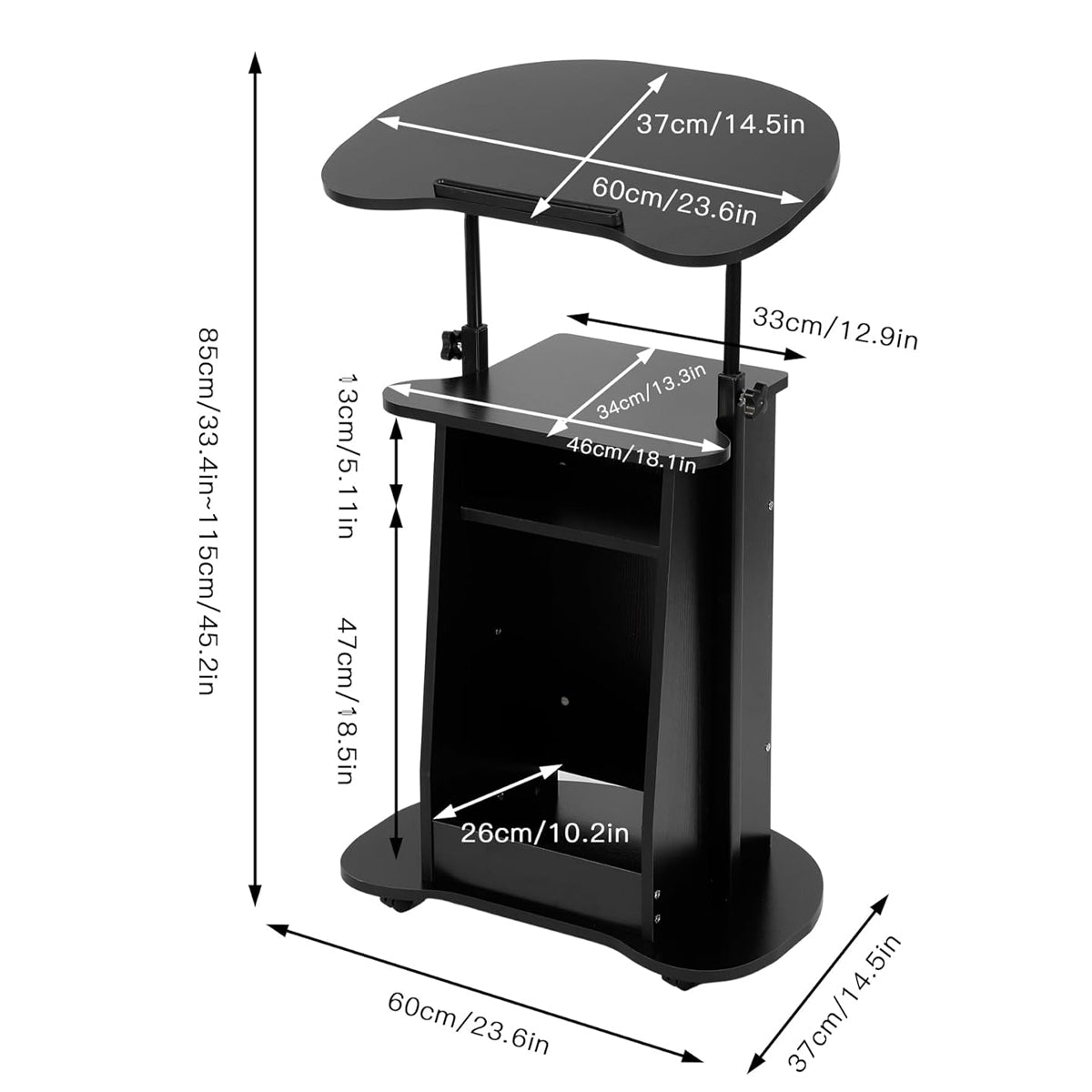 Mobile Adjustable Sofa Side Table with Tilting Desktop and Storage Layers