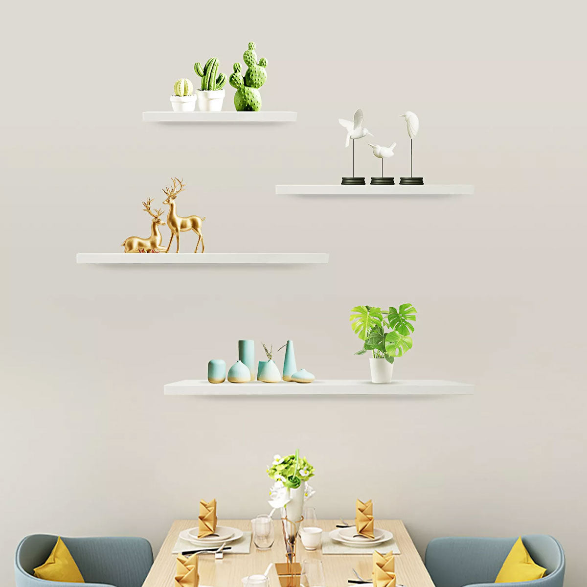 4 Pcs Wooden Floating Wall Shelves White Decorative Set