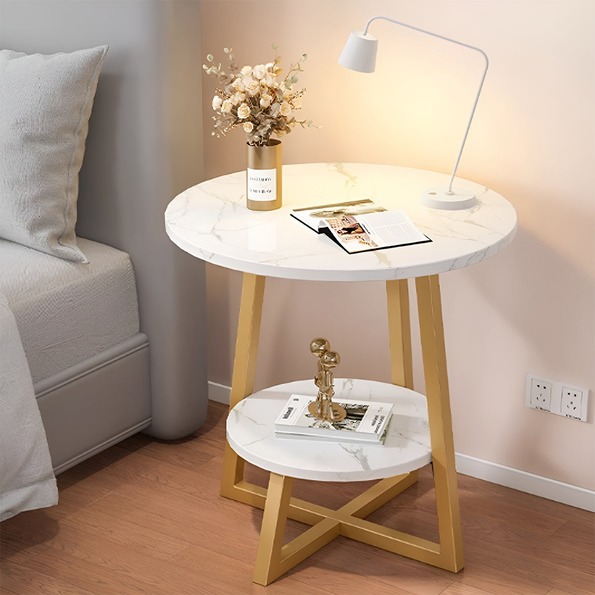 2 Tier Round Side Table White Marble Design Metal Frame