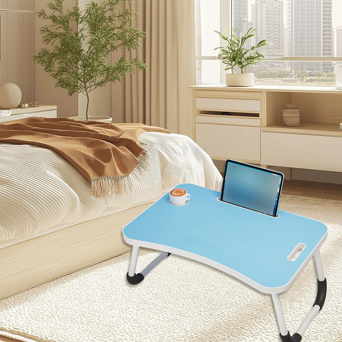 Foldable Bed Side Table with Cup Holder and Device Slot for Home Use