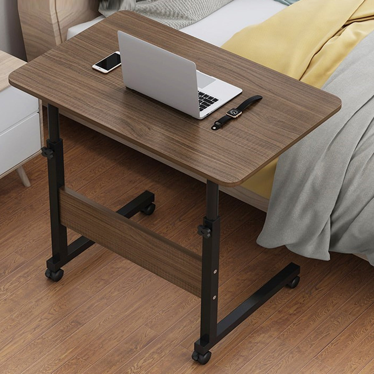 Mobile Bedside Table with Adjustable Height and Wooden-Tone Desktop