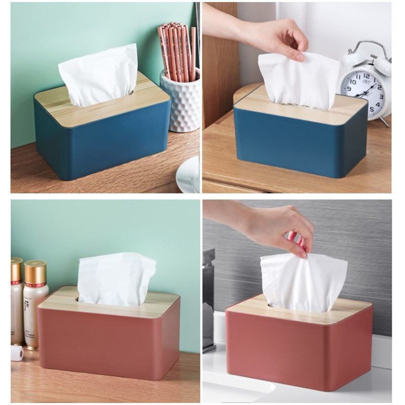 Tissue Box Holder Paper Storage Case with Wooden Cover