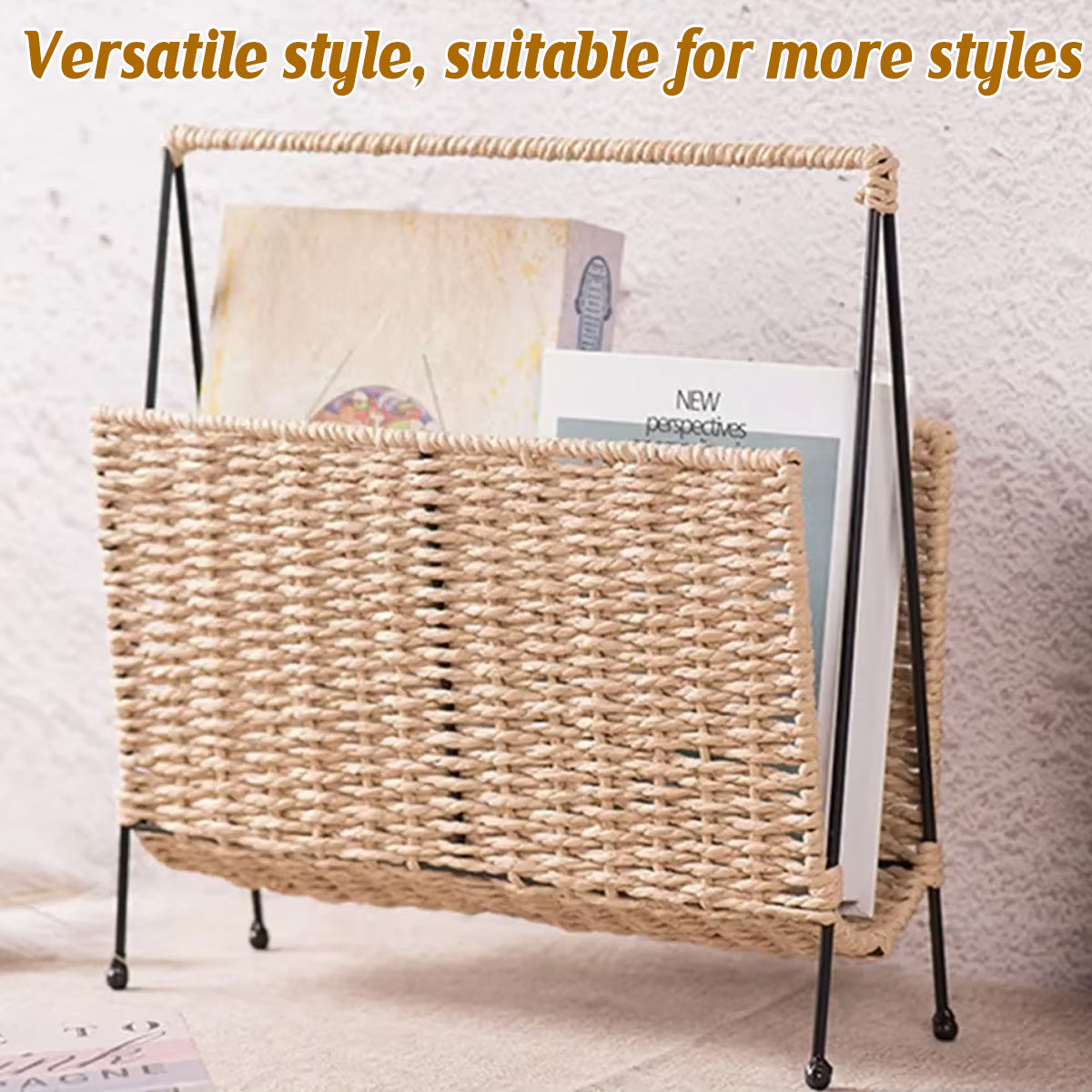 Hand-Woven Paper Rope Storage Basket with Iron Frame Natural