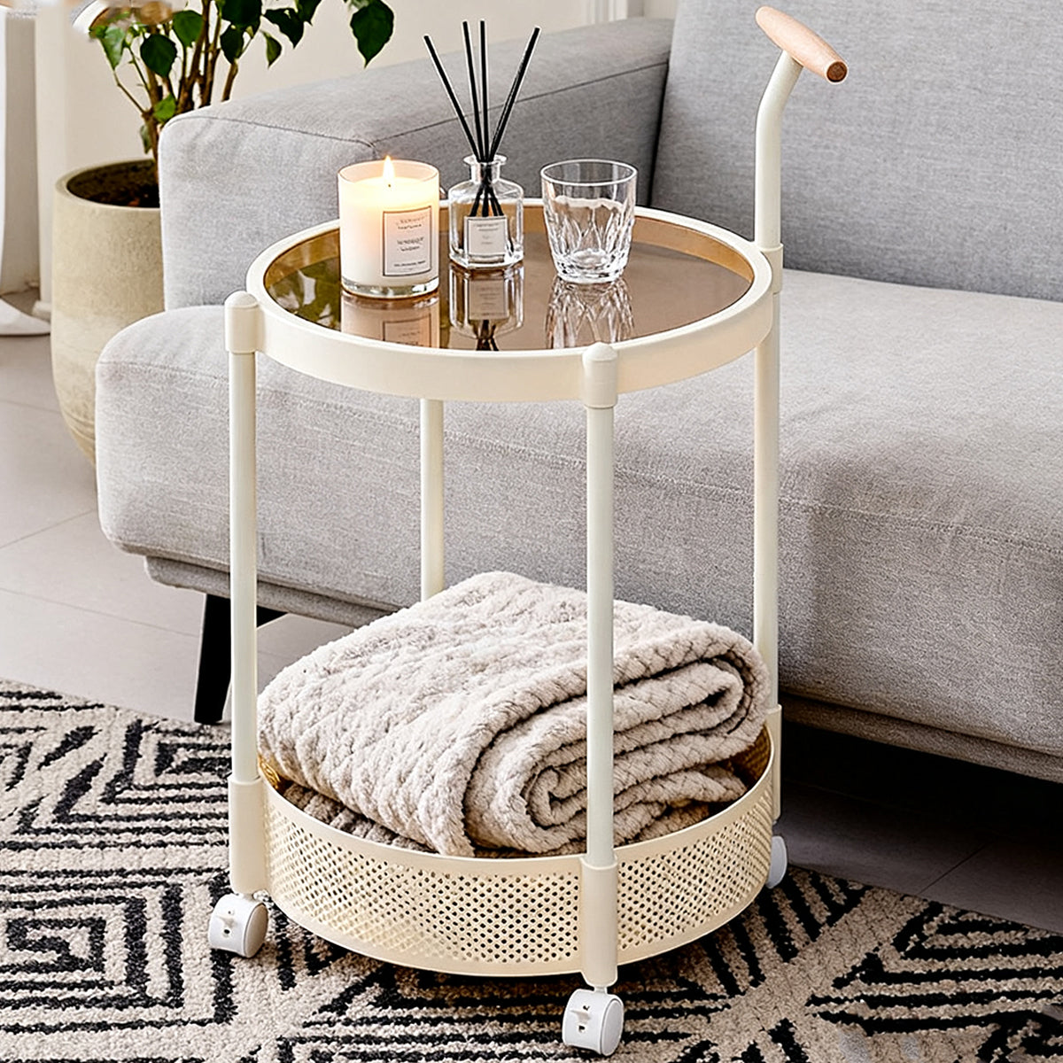 Movable Side Table with Rolling Caster Wheels 2 Tier Design