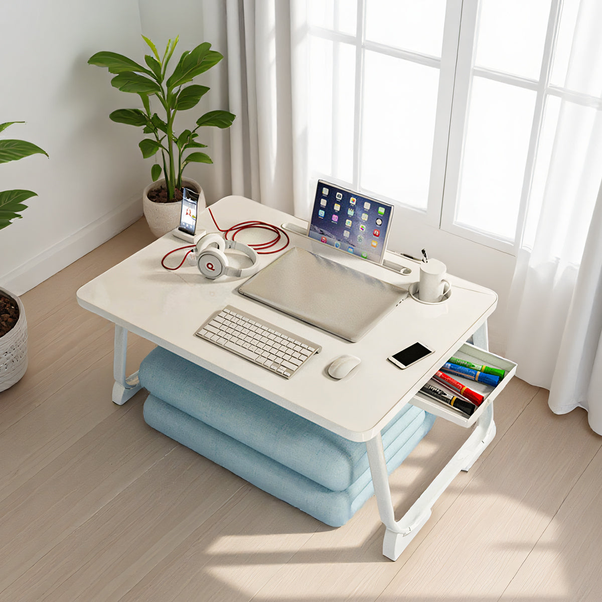 Folding Bed Desk Portable Floor Table with Drawer for Small Spaces