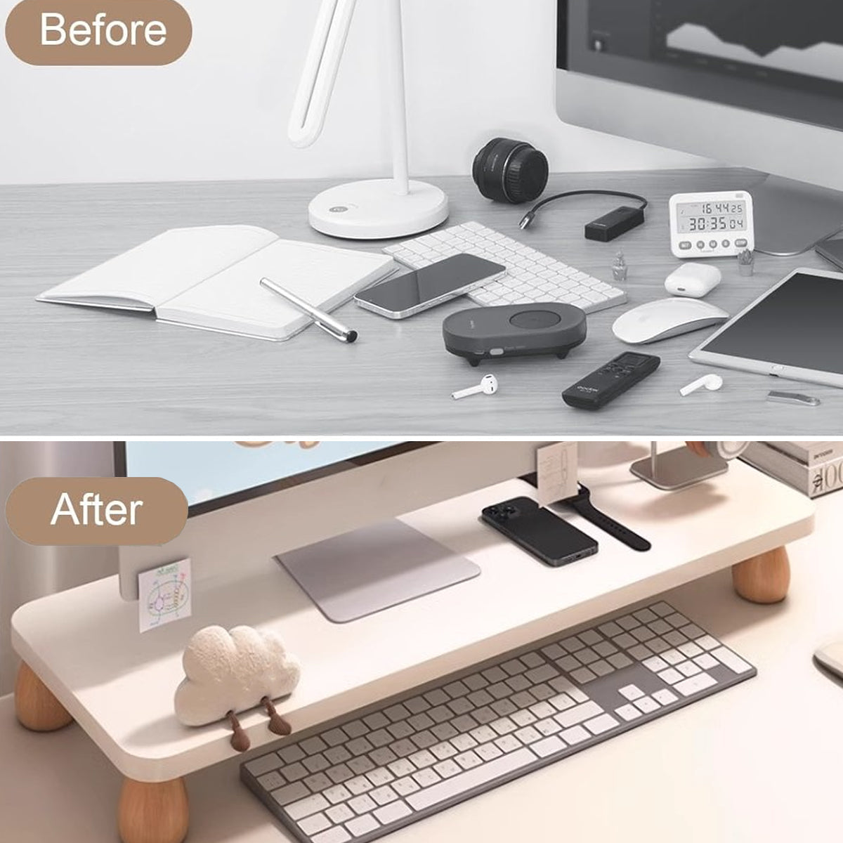 2 Pcs Monitor Riser and Desktop Storage Shelf MDF Beech Wood