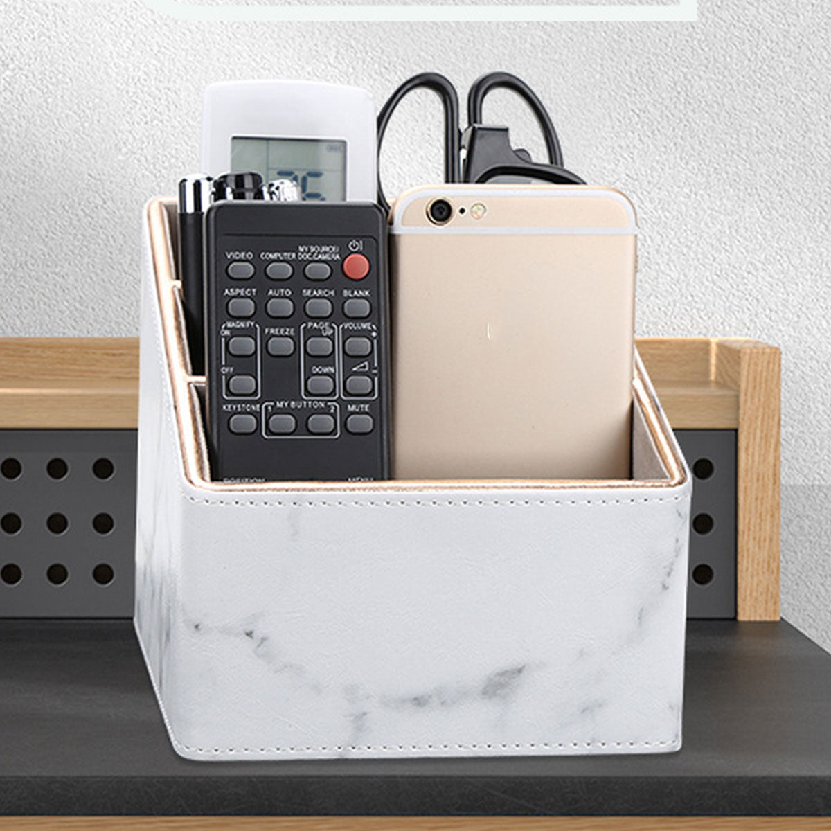 Remote Control Holder Marble PU Leather Gold Trim Organiser