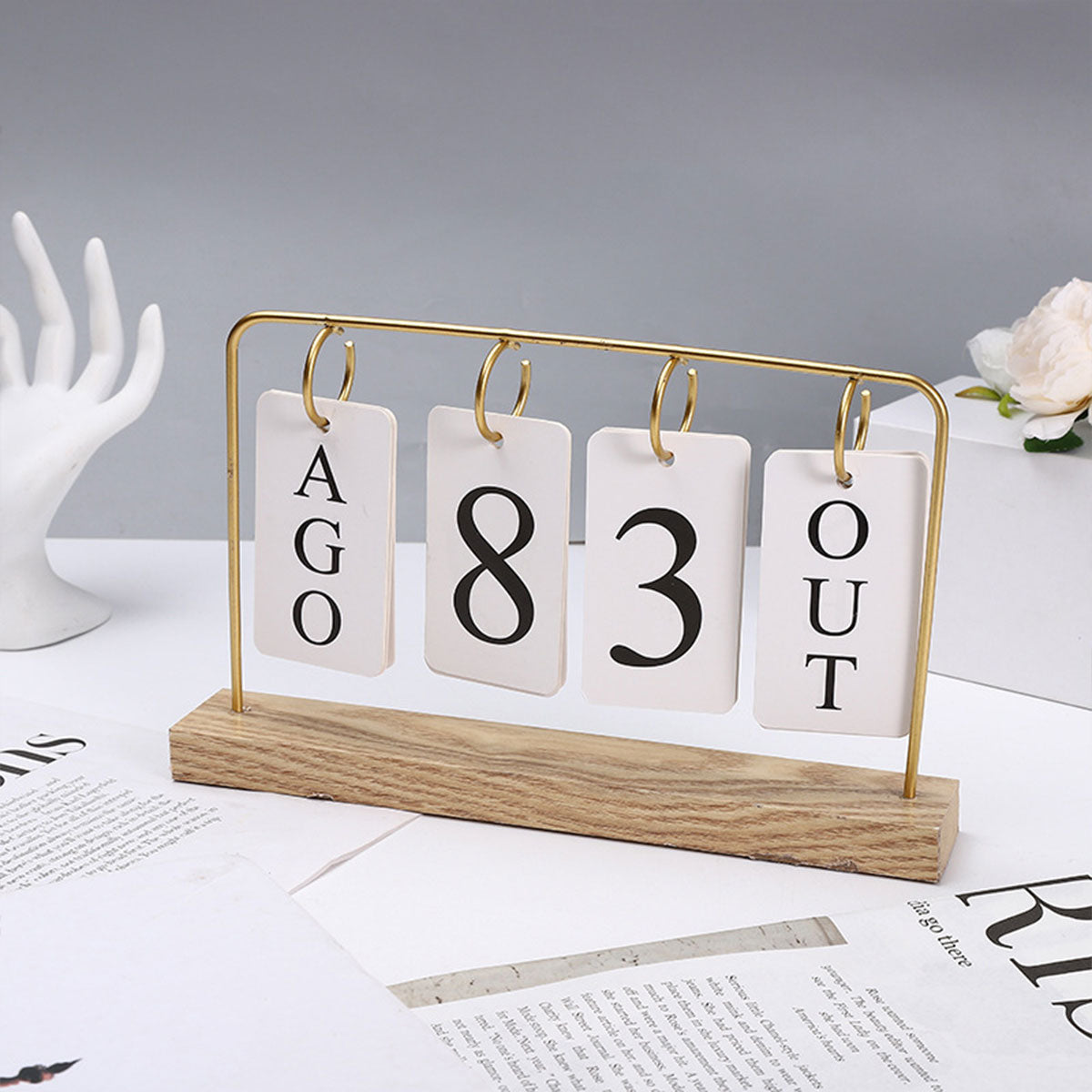 Wooden Desk Calendar Perpetual with Metal Rings Black Gold