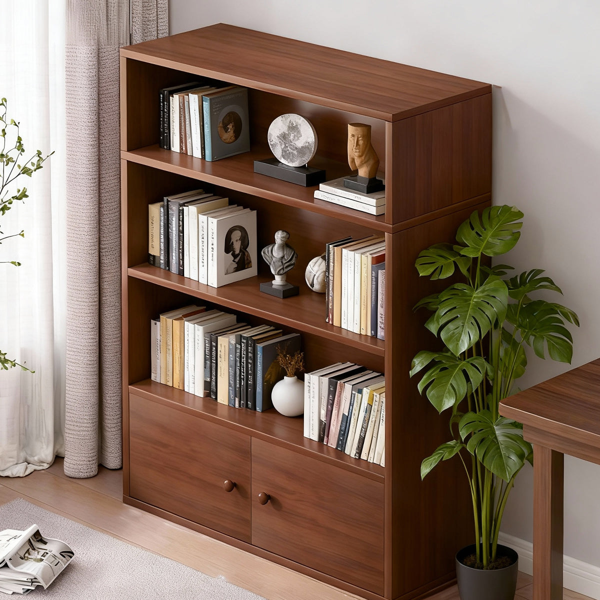 4-Tier Floor-Standing Bookshelf with Cabinet