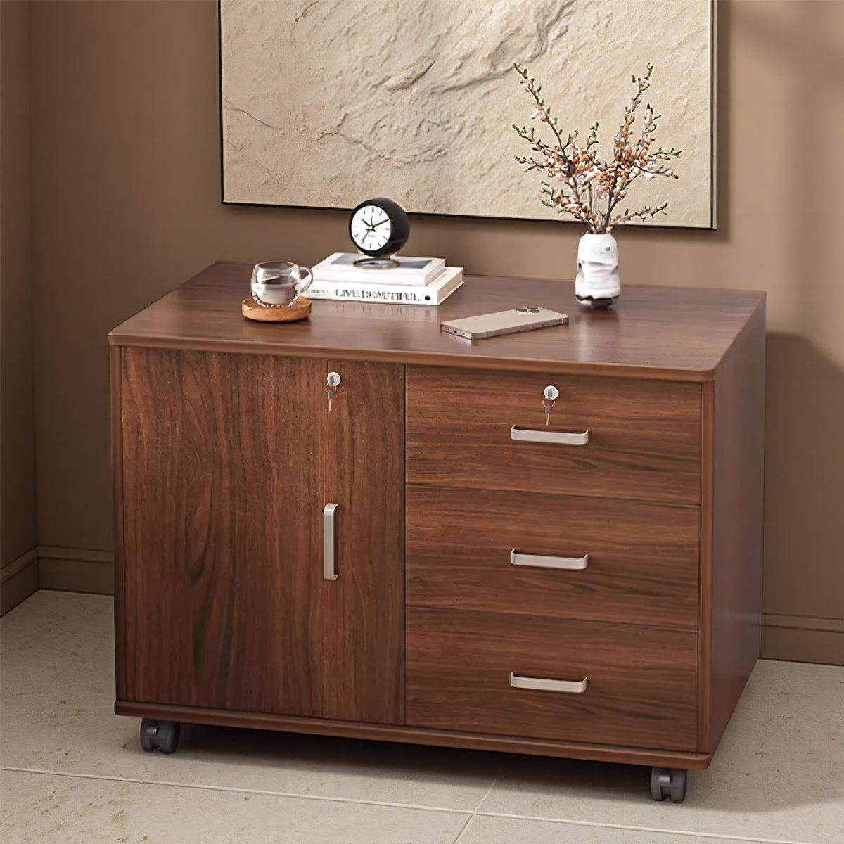 Lockable Movable Filing Cabinet with Wheels Large Capacity