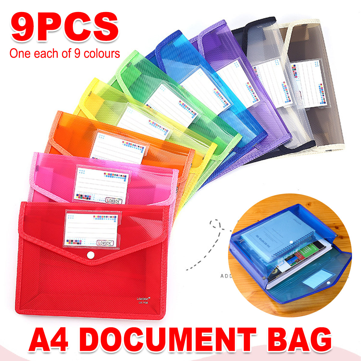 9 Pcs A4 Clear Document Bags Plastic Wallet Seal File Folder