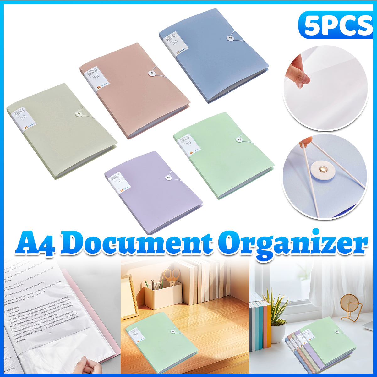 5 Pcs A4 Folder with 30 Clear Pockets for Office and School