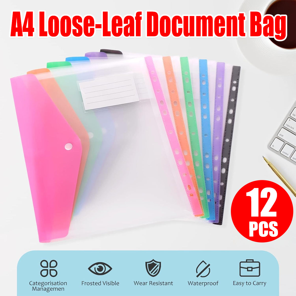 12 Pcs Binder Pouch 11-Hole Vertical File Bag Waterproof PP