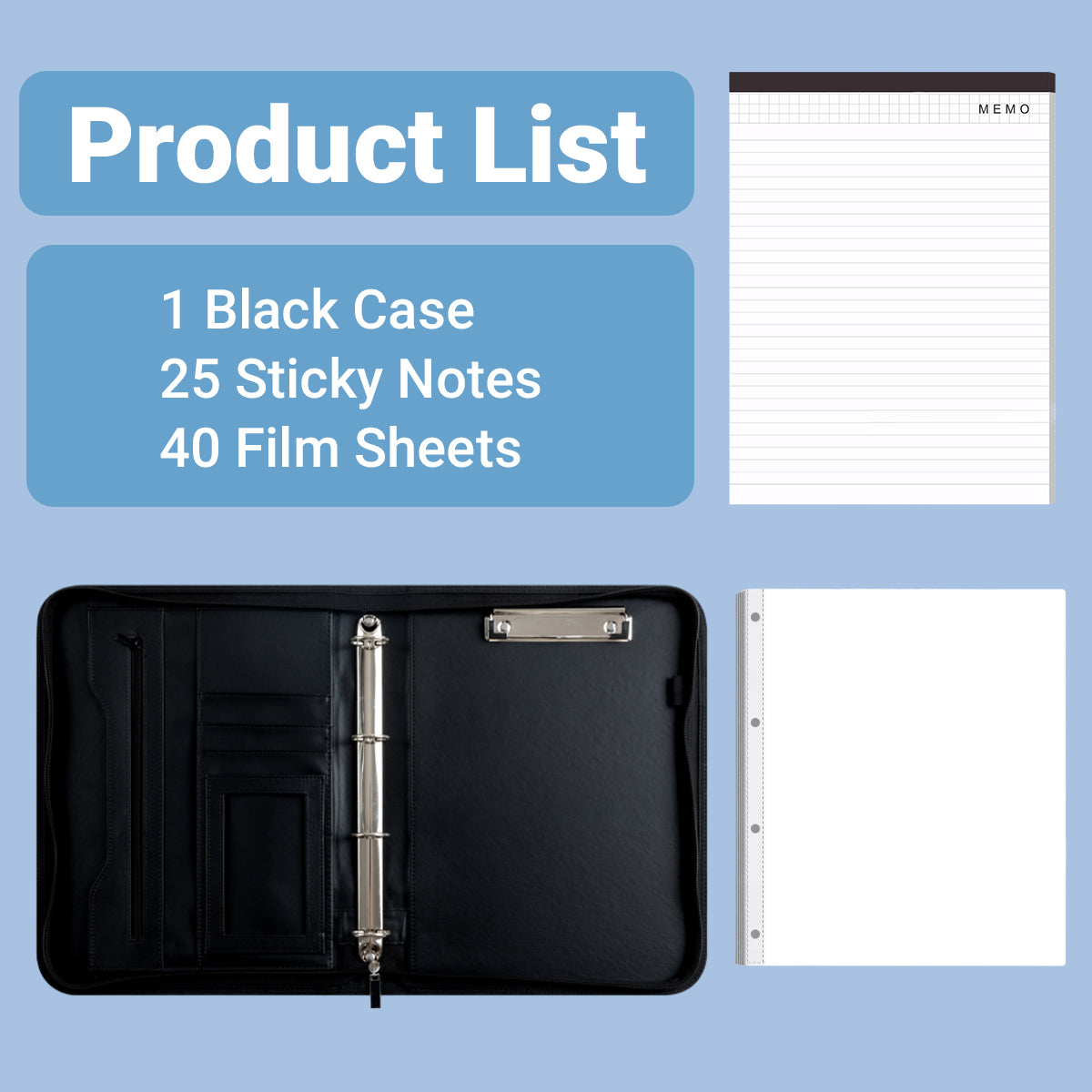 A4 PU Leather Loose-Leaf Manager Folder with 4-Ring Clamp Black