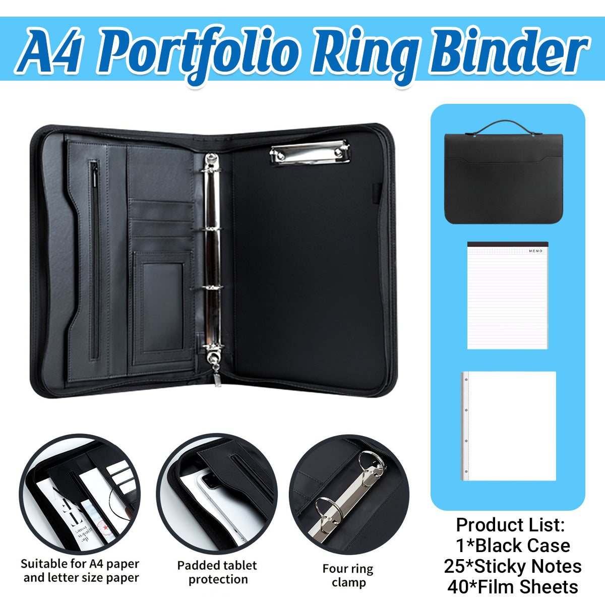 A4 PU Leather Loose-Leaf Manager Folder with 4-Ring Clamp Black