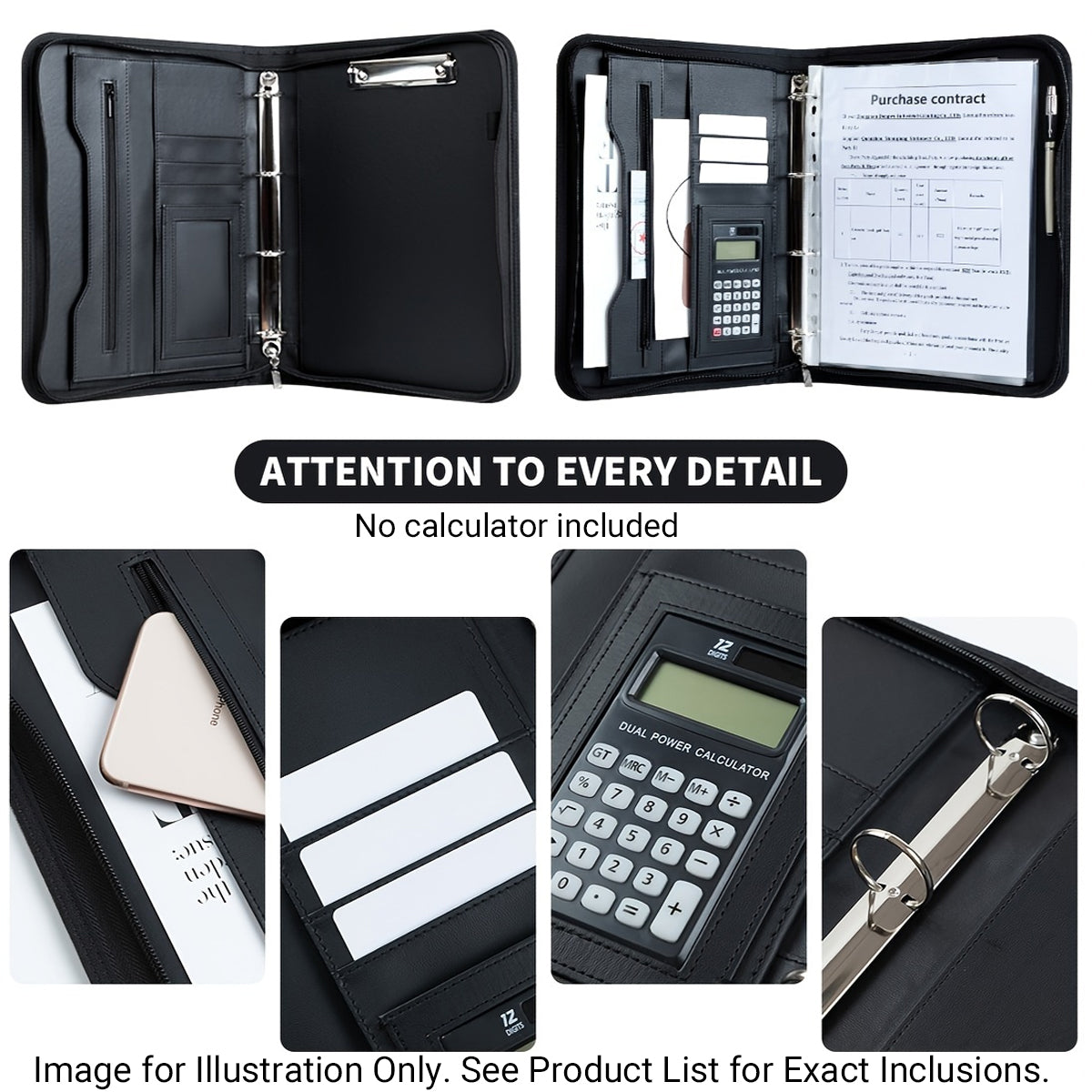 A4 PU Leather Loose-Leaf Manager Folder with 4-Ring Clamp Black