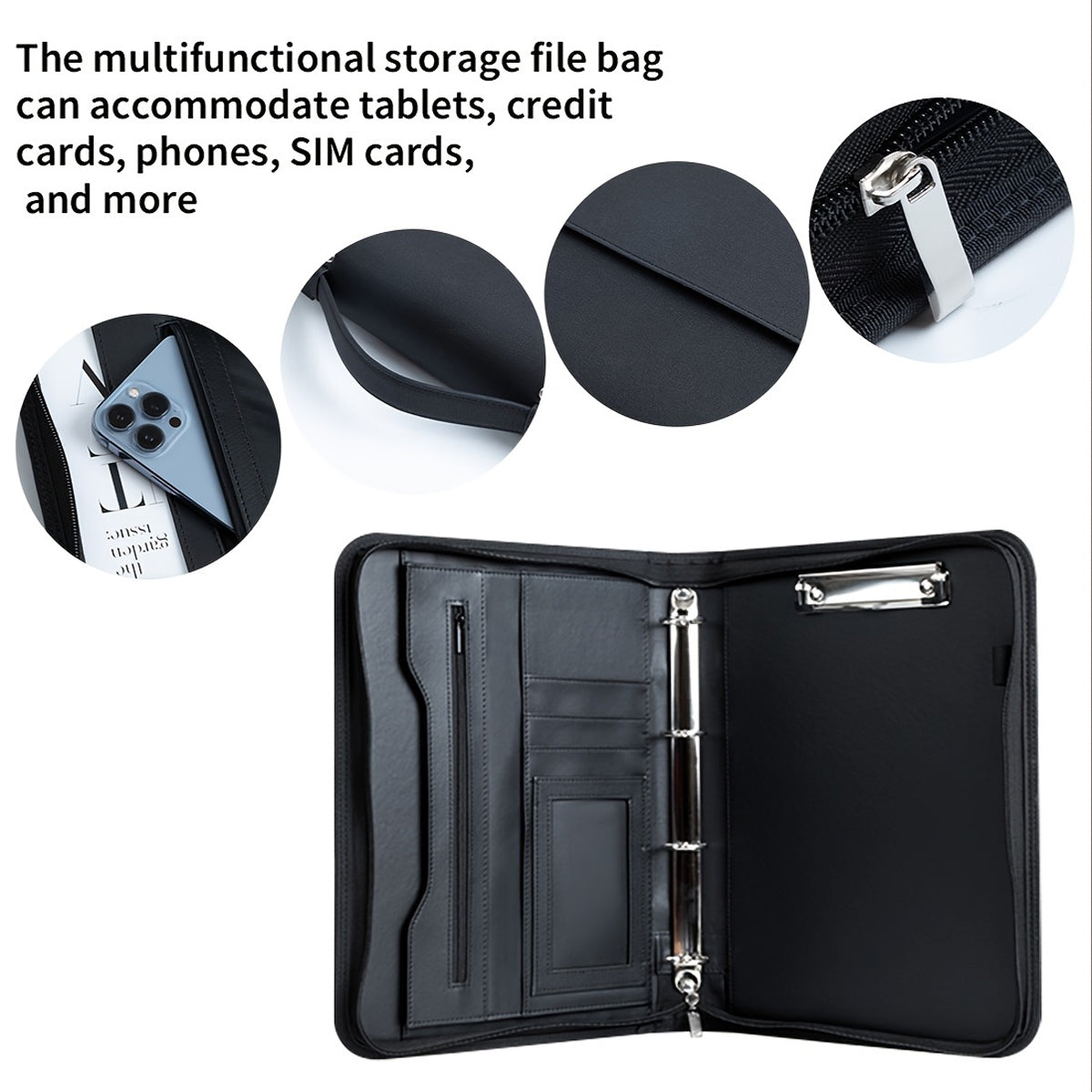 A4 PU Leather Loose-Leaf Manager Folder with 4-Ring Clamp Black