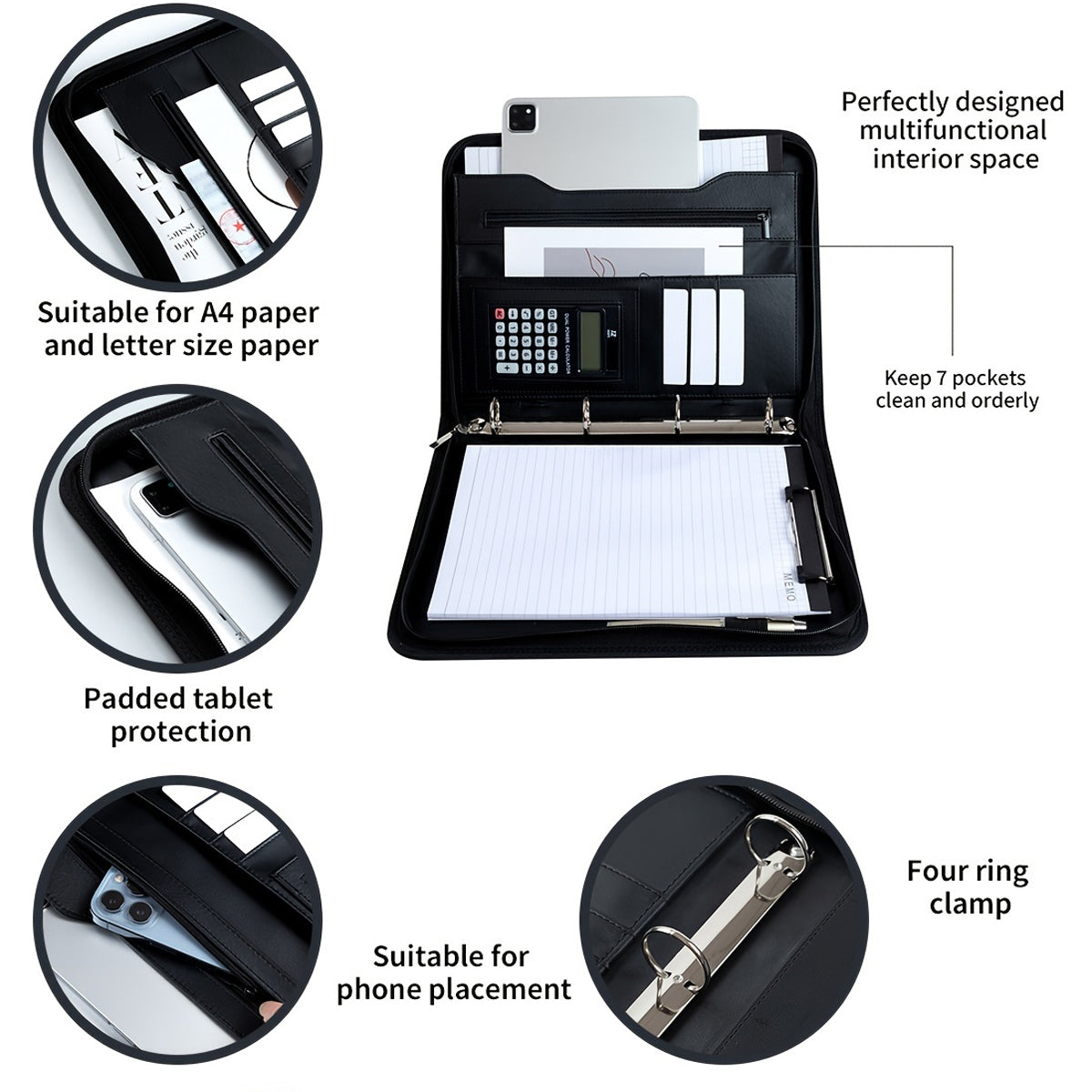 A4 PU Leather Loose-Leaf Manager Folder with 4-Ring Clamp Black