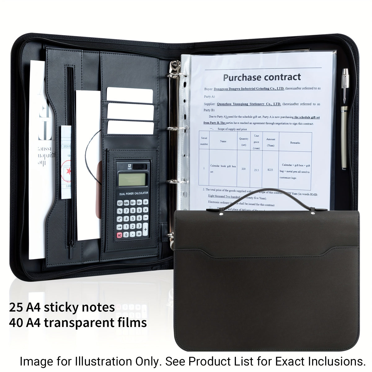 A4 PU Leather Loose-Leaf Manager Folder with 4-Ring Clamp Black