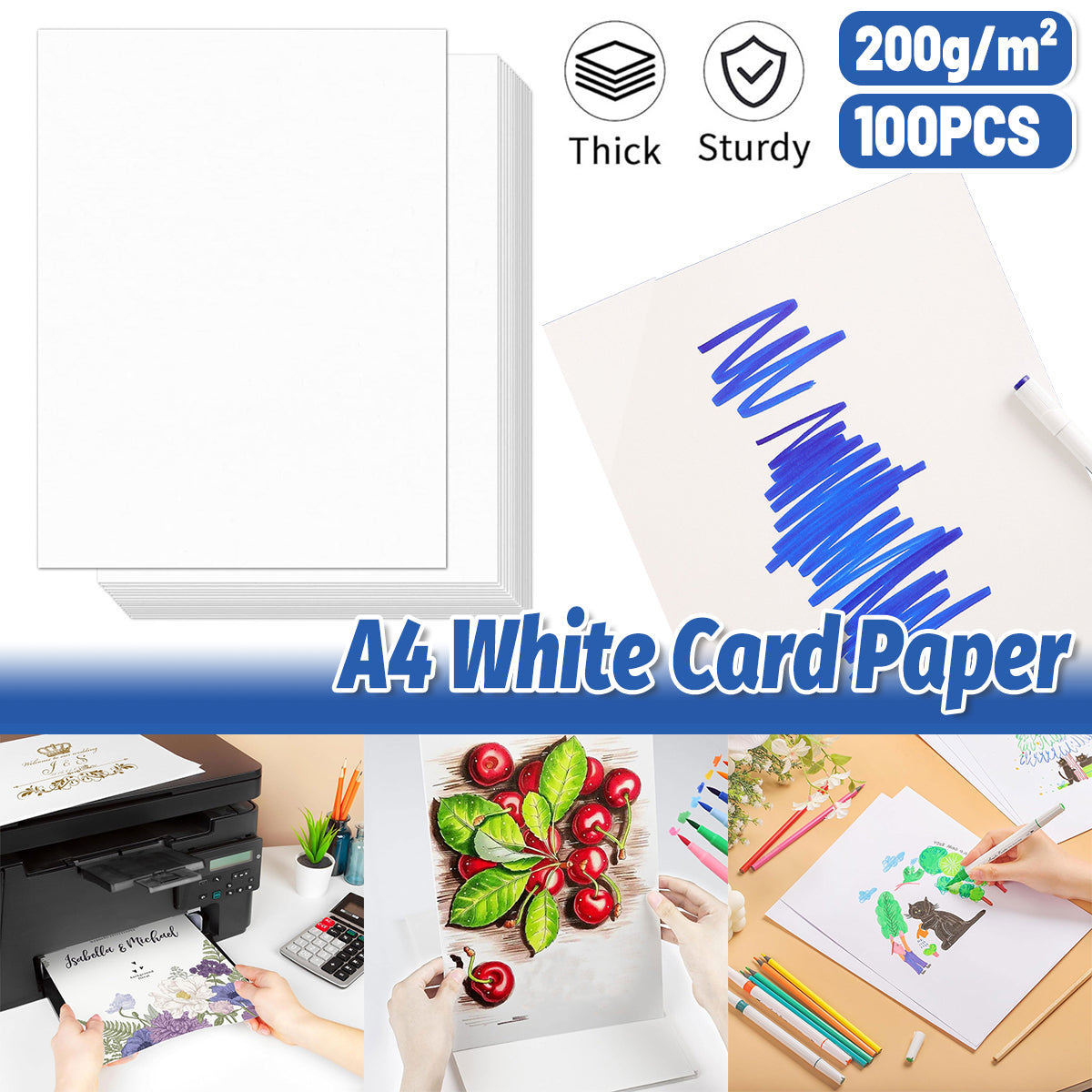 100 Pcs A4 White Card Sheets 200gsm Smooth Wood Pulp