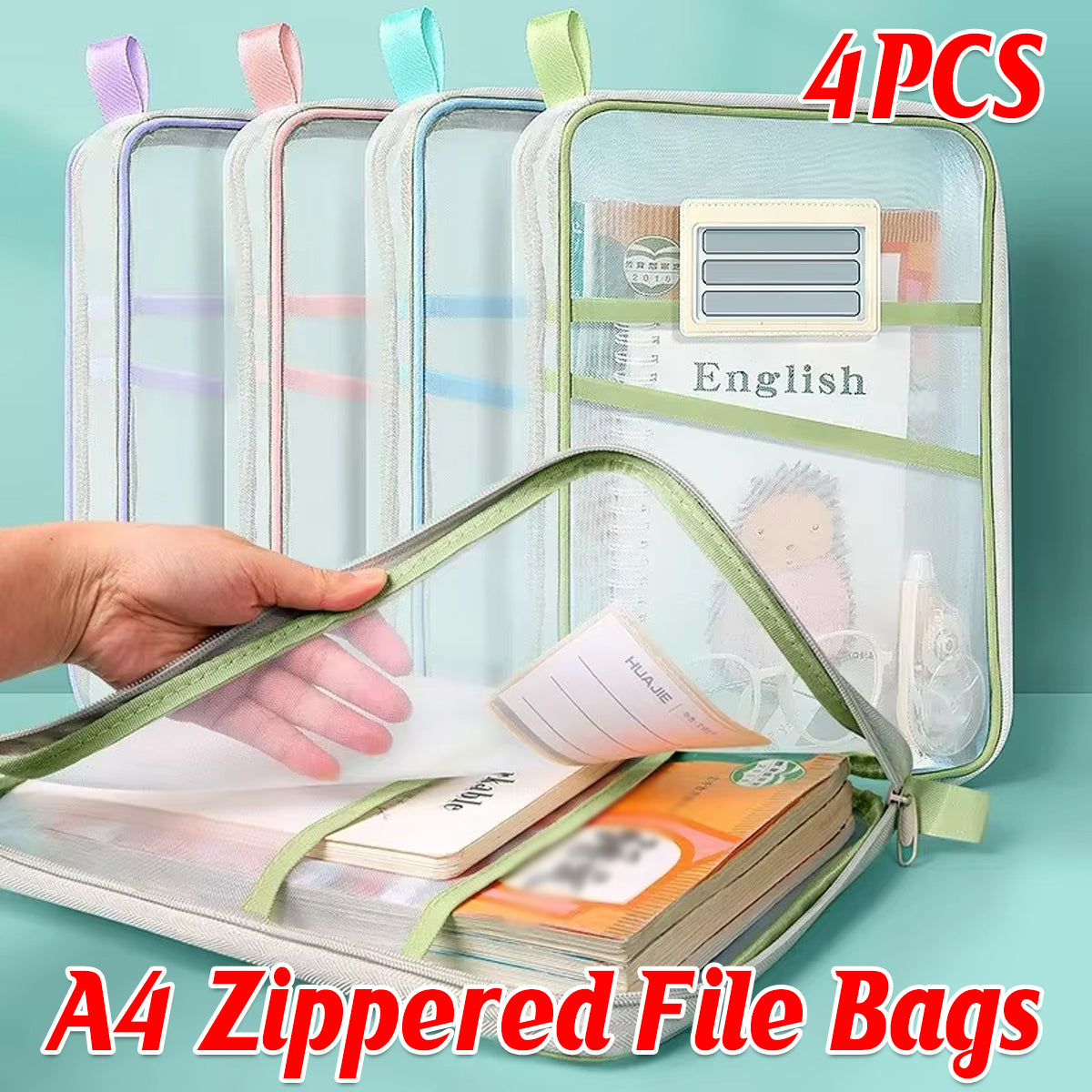 4 Pcs A4 Clear Zipper File Storage Bags Large Capacity