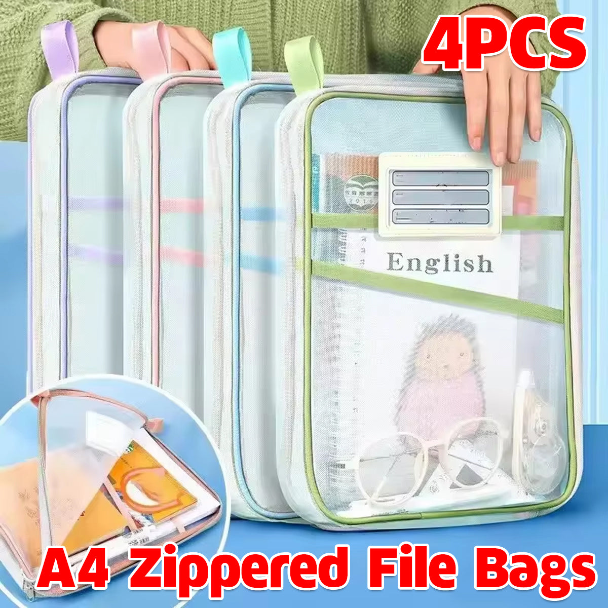 4 Pcs A4 Clear Zipper File Storage Bags Large Capacity